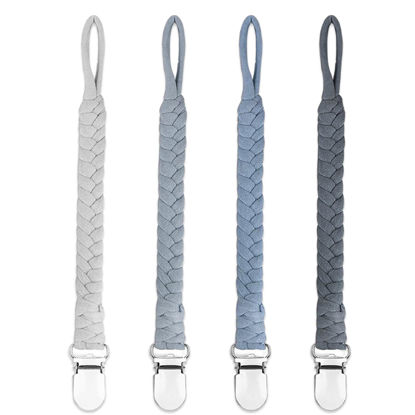 Picture of duludulu 4 Pcs Pacifier Clip, Pacifier Clips for Boys & Baby Girls Pacifier Holder Clip Binky Clips Braided 100% Handmade Fits All Pacifiers(Grey, 4 Pack)
