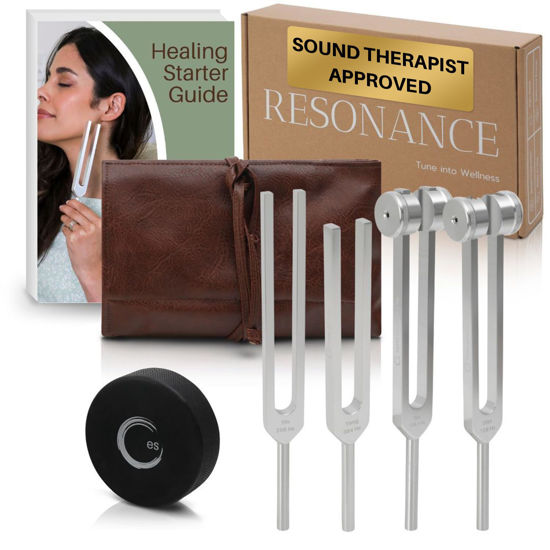 Picture of Resonance Tuning Forks for Healing Set - 128Hz, 136.1Hz, 256Hz, 384Hz Weighted & Unweighted Tuning Fork Set Includes Hockey Puck Activator - Chakra Sound Therapy Instruments in a Vegan Leather Pouch