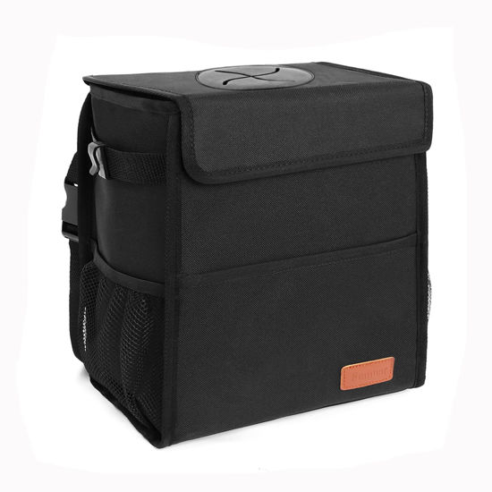 Picture of Car Trash Can Leak Proof Car Trash Bag Waterproof Car Garbage Can with Lid for SUV Front Seat Multipurpose Car Hanging for Headrest Collapsible and Portable with Storage Mesh Pocket, Large/ Black