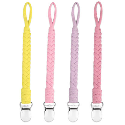 Picture of 4 Pcs Pacifier Clip, Pacifier Clips for Boys & Baby Girls Pacifier Holder Clip Binky Clips Braided 100% Handmade Fits All Pacifiers(Yellow, 4 Pack)