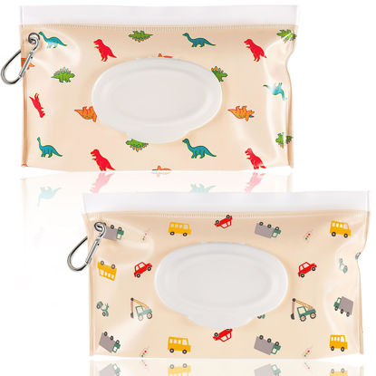 Picture of FEBSNOW 2 Pack Baby Wipes Dispenser, Portable Refillable Wipe Holder Baby Wipes Container Travel Wipes Case Reusable Wet Wipes Pouch (Dinosaur, Car)