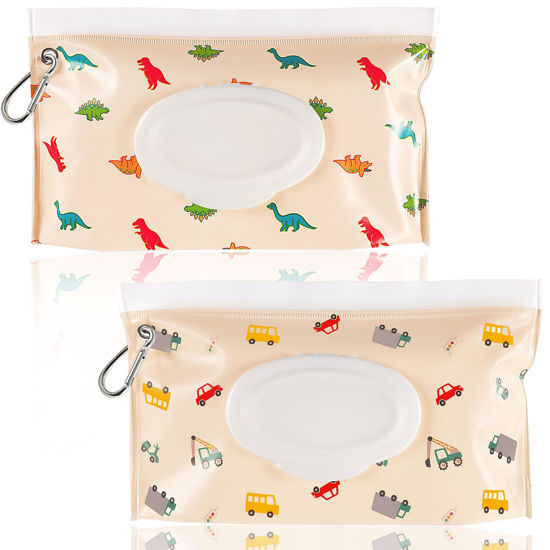 Picture of FEBSNOW 2 Pack Baby Wipes Dispenser, Portable Refillable Wipe Holder Baby Wipes Container Travel Wipes Case Reusable Wet Wipes Pouch (Dinosaur, Car)