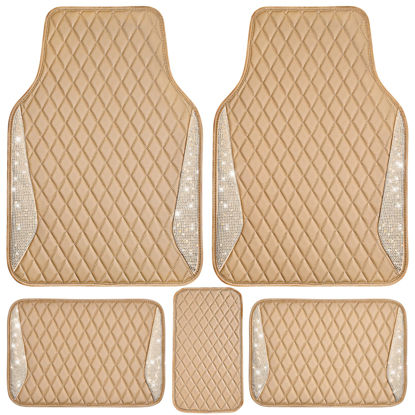 Picture of CAR PASS Bling Beige Leather Car Mats Shining Diamond Floor Mats Crystal Rhinestone Sparkly Glitter Carpet Anti-Slip Waterproof Pad Universal Fit for Automotive SUV, Sedan, Van, 5pcs Girl Women Beige