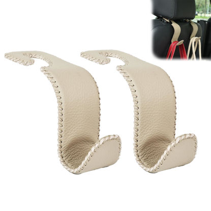 Picture of Amooca Car Seat Headrest Hook Universal Vehicle Storage Hanger Leather with Metal Car Seat Back Organizer for Handbag Purse Coat Beige 2 Pack