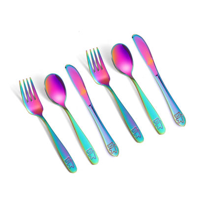 Picture of Pimoys 6 Pieces Rainbow Kids Silverware Stainless Steel Child and Toddler Utensils, Children's Safe Flatware Metal Cutlery Set Includes 2 Children Knives, 2 Forks & 2 Spoons