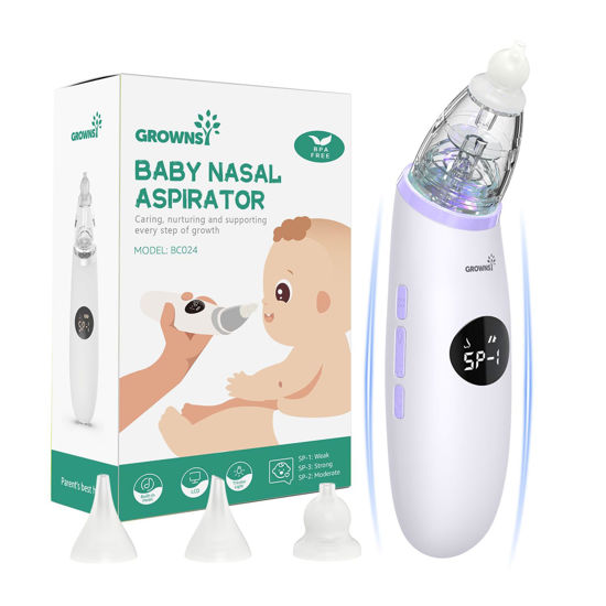 Picture of GROWNSY Nasal Aspirator for Baby | Baby Nose Sucker | Electric Nose Suction for Toddler, Ergonomic Booger Sucker with 3 Silicone Tips, Music & Light Soothing Function (Purple)