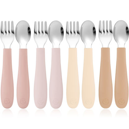 Picture of CoixFoam 8 Pieces Toddler Utensils, Toddler Safe Silverware Set With Food Grade Silicone Hanlde, 18/8 Stainless Steel, Perfect Length For New Self Feeders, Dishwasher Safe