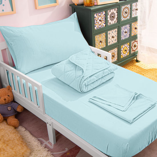 Picture of NTBAY Toddler Bedding Set - 4 Piece Soft and Breathable Crib Bedding Set for Boys and Girls, Includes Quilted Comforter, Fitted Sheet, Flat Top Sheet and Envelope Pillowcase, Aqua