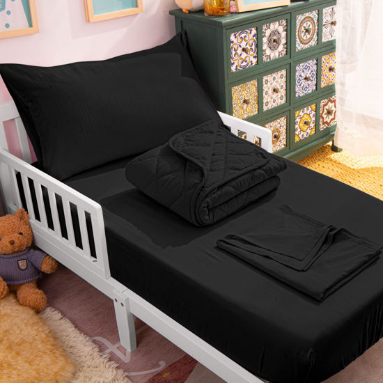 Picture of NTBAY Toddler Bedding Set - 4 Piece Soft and Breathable Crib Bedding Set for Boys and Girls, Includes Quilted Comforter, Fitted Sheet, Flat Top Sheet and Envelope Pillowcase, Black