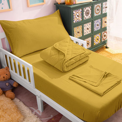Picture of NTBAY Toddler Bedding Set - 4 Piece Soft and Breathable Crib Bedding Set for Boys and Girls, Includes Quilted Comforter, Fitted Sheet, Flat Top Sheet and Envelope Pillowcase, Yellow