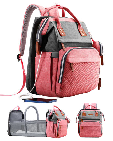 Picture of ISMGN Diaper Bag Backpack, Large Diaper Bag, Baby Bag, Multifunctional Diaper Bag, Pinkgray