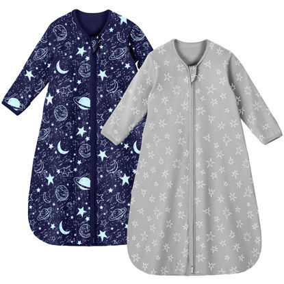 Picture of Unnivoll Baby Sleep Sack 6-12 Months 100% Cotton Long Sleeve Wearable Blanket Baby Sleep Bag with 2-Way Zipper 2 Pack 0.5 Tog Sleeping Sack for Newborn Infant Blue Grey Planet