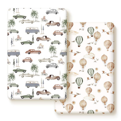 Picture of Pack n Play Sheets Fitted 2 Pack, Stretchy Ultra Soft Jersey Knit Pack and Play Sheets, Universal Fitted Portable/Mini Crib Mattresses Snug and Safe, Stylish Cars Print for Boys and Girls