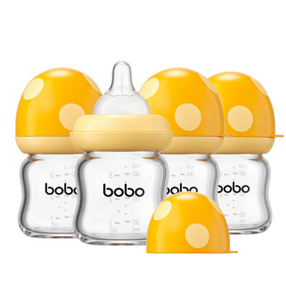 Picture of YOHKOH Natural Glass Baby Bottle with Natural Response Nipple, Newborn Anti-Colic Baby Bottles, Wide Neck Mushroom Cap Baby Bottle, Clear (Yellow, 3.4oz (Pack of 4))