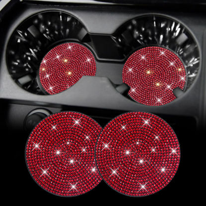 Picture of SINGARO Bling Cup Holder Coasters for Car, 2PCS Universal Non-Slip Cup Holder, Embedded Decorative Coasters, Shiny Crystal Car Interior Accessories Gifts for Women (Red)
