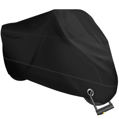 Picture of XYZCTEM Motorcycle Cover -Waterproof Outdoor Storage Bag,Made of Heavy Duty Material, Fits up to 87" Harley Davison and All Motors(Black& Lockholes& Professional Windproof Strap)