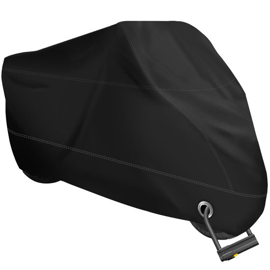 Picture of XYZCTEM Motorcycle Cover -Waterproof Outdoor Storage Bag,Made of Heavy Duty Material, Fits up to 87" Harley Davison and All Motors(Black& Lockholes& Professional Windproof Strap)