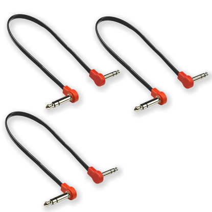 Picture of M MAKA Flat Low Profile Stereo Guitar Patch Cable 20 inch for Effects Pedals, 1/4 inch TRS Right-Angle, Red, 3-Pack