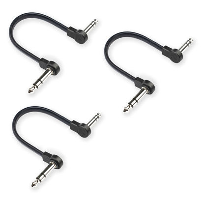 Picture of M MAKA Flat Low Profile Stereo Guitar Patch Cable 8 inch for Effects Pedals, 1/4 inch TRS Right-Angle, Black, 3-Pack
