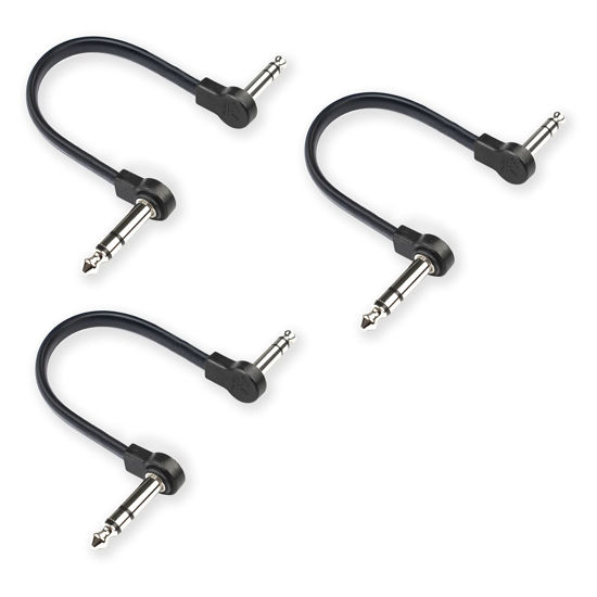 Picture of M MAKA Flat Low Profile Stereo Guitar Patch Cable 8 inch for Effects Pedals, 1/4 inch TRS Right-Angle, Black, 3-Pack