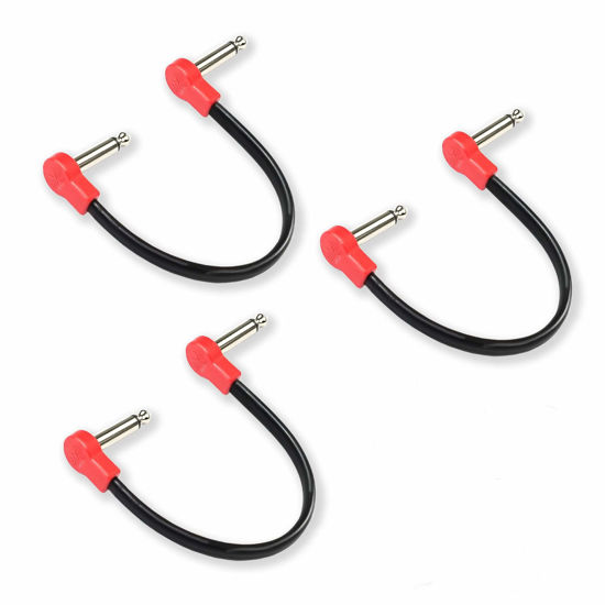 Picture of M MAKA Flat Low Profile Guitar Patch Cable 8 inch for Effects Pedals, S-Shape, 1/4 inch Right-Angle, Red, 3-Pack New Version