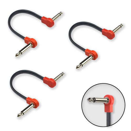Picture of M MAKA Flat Low Profile Guitar Patch Cable 6 inch for Effects Pedals, 1/4 inch Right-Angle, Red, 3-Pack New Version