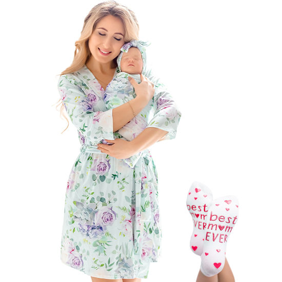 Picture of ECO BABY Mommy and Me Robe and Swaddle Set | Maternity Robe and Matching Baby Set for Girl, Boy | Hospital Labor and Delivery