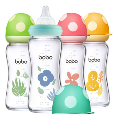 Picture of YOHKOH Natural Glass Baby Bottle with Natural Response Nipple, Newborn Anti-Colic Baby Bottles, Wide Neck Mushroom Cap Baby Bottle, Clear (8.8oz (Pack of 4), Multicolour)