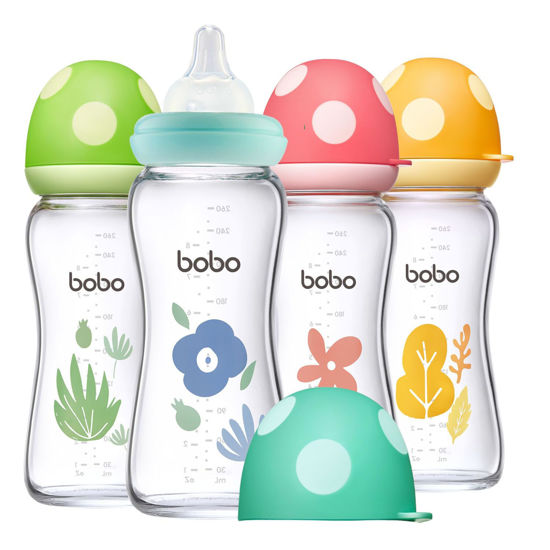 Picture of YOHKOH Natural Glass Baby Bottle with Natural Response Nipple, Newborn Anti-Colic Baby Bottles, Wide Neck Mushroom Cap Baby Bottle, Clear (8.8oz (Pack of 4), Multicolour)