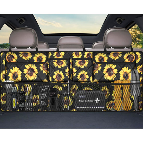 Picture of Femuar Car Trunk Organizer,Large Capacity Backseat Trunk Organizer(42"*18"),Collapsible Car Storage Bag with 8 Pocekt,Car Organizer for SUV/MPV/Truck - Sunflower