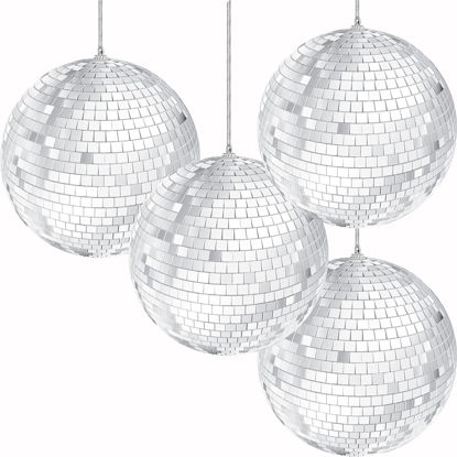 Picture of The Dreidel Company Mirror Disco Ball 4" Inch 4-Pack, Silver Hanging Ball with Attached String for Ring, Reflects Light, Fun Party Home Bands Decorations, Party Favor (4-Pack)