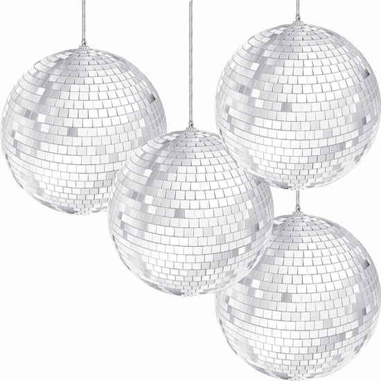 Picture of The Dreidel Company Mirror Disco Ball 4" Inch 4-Pack, Silver Hanging Ball with Attached String for Ring, Reflects Light, Fun Party Home Bands Decorations, Party Favor (4-Pack)