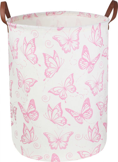 Picture of CLOCOR Pink Laundry Basket,Waterproof Nursery Hamper for Baby Girl ,Collapsible Storage Baskets for Girls Bedroom,Kids Toys Storage Bin,Room Decor,Gift Basket（Pink Butterfly