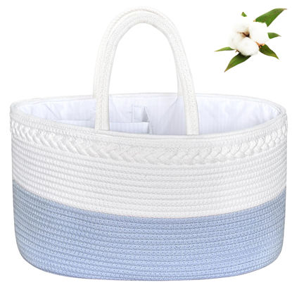 Picture of ABenkle X-Large Diaper Caddy Organizer, Cotton Rope Nursery Baby Basket, Changing Table Organizer for Baby Diaper Storage, Diaper Nursery Storage Bin for Baby Stuff, Baby Shower Gifts for Boys, Blue