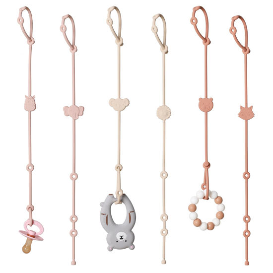 Picture of ROCCED Toy Straps for Baby 6pcs, Silicone High Chair Toys Straps Stroller Accessories Toddler Bottle Straps Car Seat Toys Baby Travel Essential Baby Toy Straps Silicone Animal Design Blush+Ivory+TER