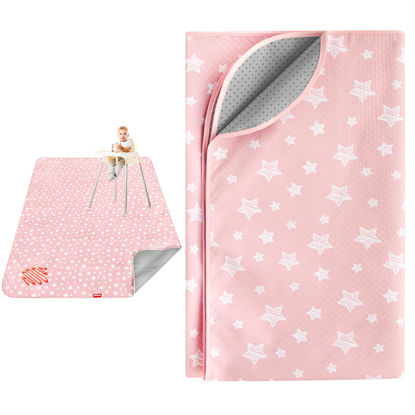 Picture of Extra Large Baby Splat Mat 54''x 72'', Anti Slip Waterproof High Chair Mat Baby Feeding Table Cloth Floor Mat Cover, Baby Art Playtime Mat for Craft/Mealtime, Washable Portable Picnic Mat - Pink Star