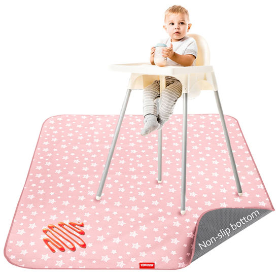 Picture of Baby Splat Mat Anti Slip Waterproof High Chair Mat, Baby Feeding Table Cloth Floor Mat Cover, Baby Art Playtime Mat for Craft/Mealtime, 42X46 Inch Washable Portable Picnic Mat - Pink Star