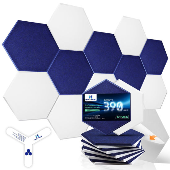 Picture of Dexmoko Self-Adhesive Acoustic Panels [390 lbs/yd³ Ultra-High Density], 2nd Generation Sound Absorbing Panel, Professional Level Sound Panel, Polyester Soundproof Foam [Size M, White & Dark Blue]