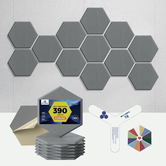 Picture of Dexmoko Self-Adhesive Acoustic Panels [390 lbs/yd³ Ultra-High Density], 2nd Generation Sound Absorbing Panel, Professional Level Sound Panel, Polyester Soundproof Foam [Size L, Moon Grey]