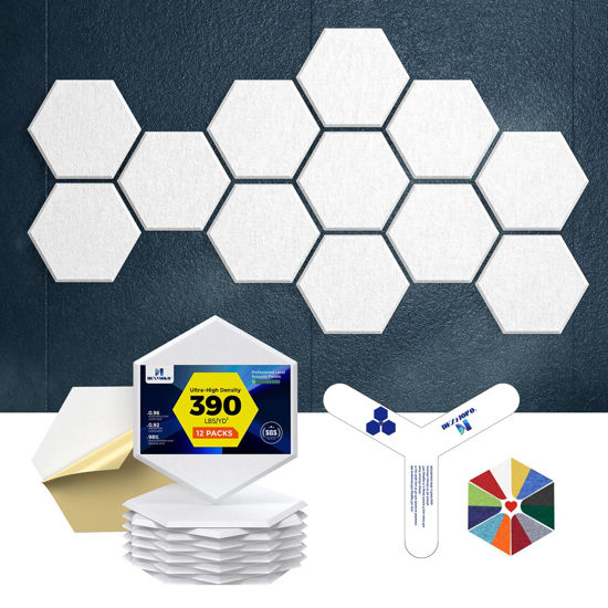 Picture of Dexmoko Self-Adhesive Acoustic Panels [390 lbs/yd³ Ultra-High Density], 2nd Generation Sound Absorbing Panel, Professional Level Sound Panel, Polyester Soundproof Foam [Size M, White]