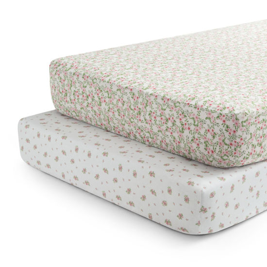 Picture of Delta Children Fitted Crib Sheets for Girls and Boys - Crib Sheet for Standard Crib and Toddler Mattresses - 28x52 Inch (Pack of 2), Pink Floral