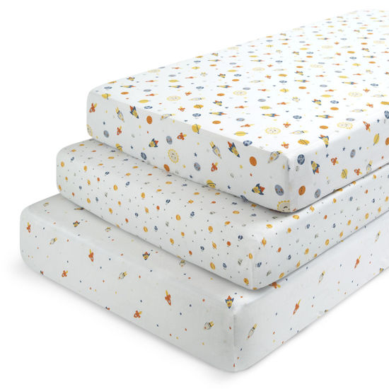 Picture of Delta Children Fitted Crib Sheets for Girls and Boys - Crib Sheet for Standard Crib and Toddler Mattresses - 28x52 Inch (Pack of 3), Space Exploration