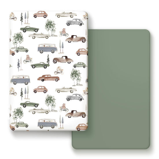 Picture of GRSSDER Pack n Play Sheets Fitted 2 Pack, Stretchy Ultra Soft Jersey Knit Pack and Play Sheets, Universal Fitted Portable/Mini Crib Mattresses Snug and Safe, Neutral Pattern of Cars Print