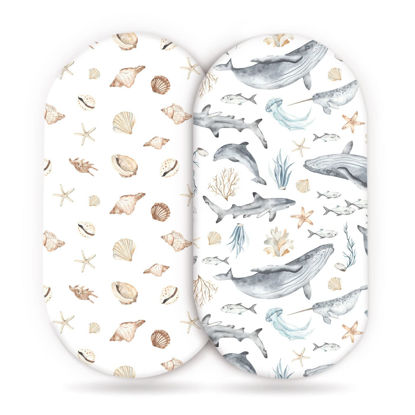 Picture of GRSSDER Stretchy Ultra Soft Fitted Bassinet Sheets Set 2 Pack, Cradle Sheet Universal Fit for Rectangle, Oval, or Hourglass Bassinet Pad/Mattress Safe and Snug, Stylish Cute Whale Sea Worl for Baby