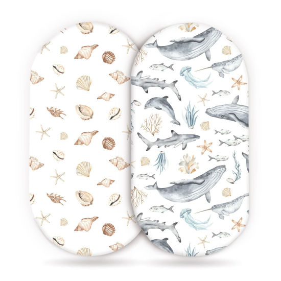 Picture of GRSSDER Stretchy Ultra Soft Fitted Bassinet Sheets Set 2 Pack, Cradle Sheet Universal Fit for Rectangle, Oval, or Hourglass Bassinet Pad/Mattress Safe and Snug, Stylish Cute Whale Sea Worl for Baby