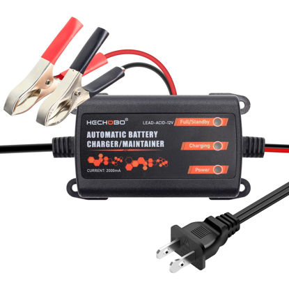 Picture of 12v 2A Battery Charger, Trickle Charger for Lawn Mower Battery, Motorcycle, car, Boat, ATVs, Riding andMore -2000mA Battery Maintainer and Desulfator withIntelligent Interface