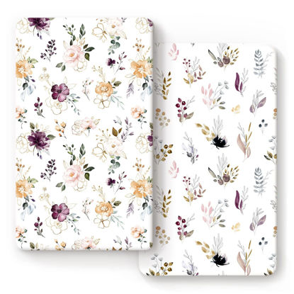Picture of GRSSDER Stretchy Ultra Soft Jersey Knit Fitted Crib Sheets Set 2 Pack，Fits All Standard Crib Mattress Pads Safe and Snug, Pretty Purple Flora Botanical for Baby Girls
