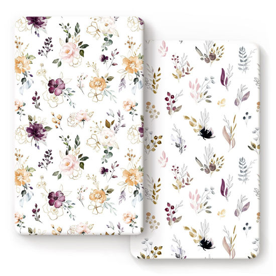 Picture of GRSSDER Stretchy Ultra Soft Jersey Knit Fitted Crib Sheets Set 2 Pack，Fits All Standard Crib Mattress Pads Safe and Snug, Pretty Purple Flora Botanical for Baby Girls