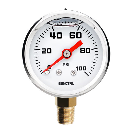 Picture of SENCTRL 0-100 Psi Fuel Pressure Gauge, 1-1/2" Dial Size, 1/8" NPT Lower Mount, Glycerin Liquid Filled, Stainless Steel Case, Inline Low Pressure Gauge, for Water Oil Air Pressure Test