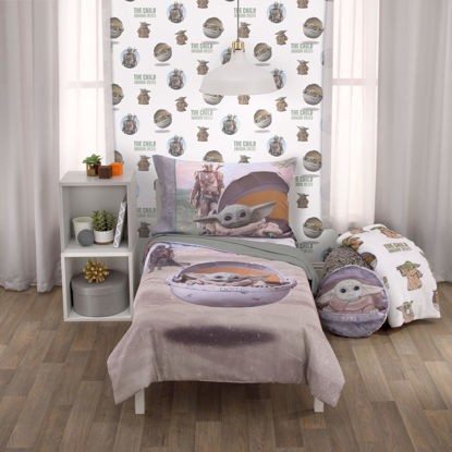 Picture of Star Wars The Mandalorian The Child Green, Tan, White 4 Piece Toddler Bed Set - Comforter, Fitted Bottom Sheet, Flat Top Sheet, Riversible Pillowcase